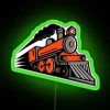 Vibrant Neon Train Mascot Sign with Bright Red Green Lighting