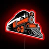 Vibrant retro-style neon sign featuring a speeding locomotive mascot design.