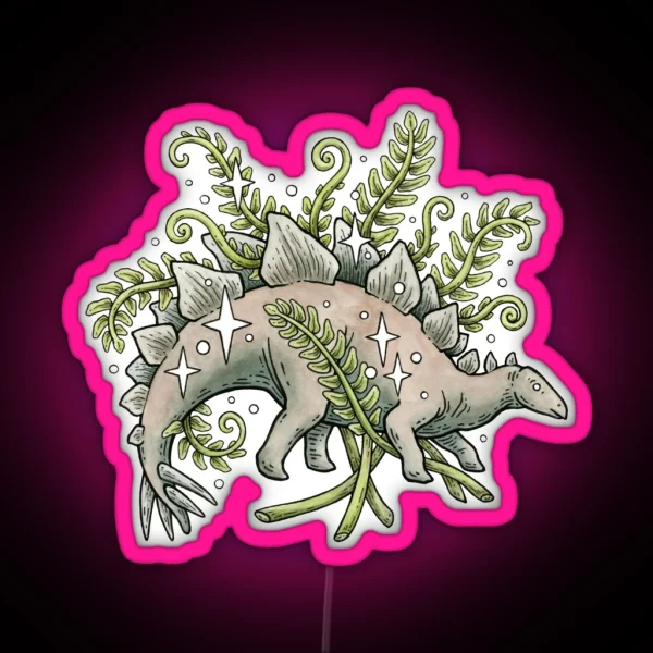 Stegosaurus And Ferns Dinosaur Botanical Art RGB Neon Sign