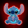 Neon drink sign featuring Stitch and Taro boba characters laughing.