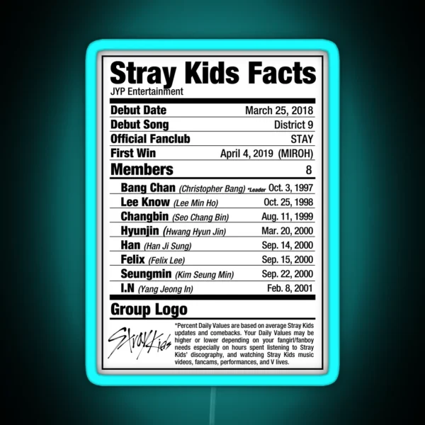 Stray Kids Kpop Nutritional Facts RGB Neon Sign