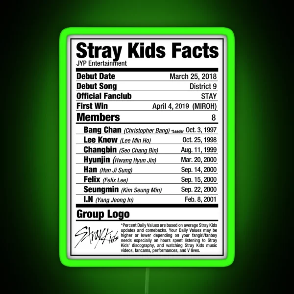 Stray Kids Kpop Nutritional Facts RGB Neon Sign