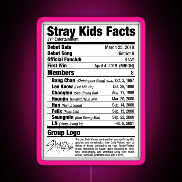 Stray Kids Kpop Nutritional Facts RGB Neon Sign