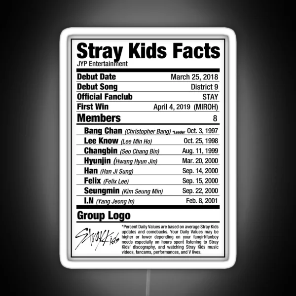 Stray Kids Kpop Nutritional Facts RGB Neon Sign