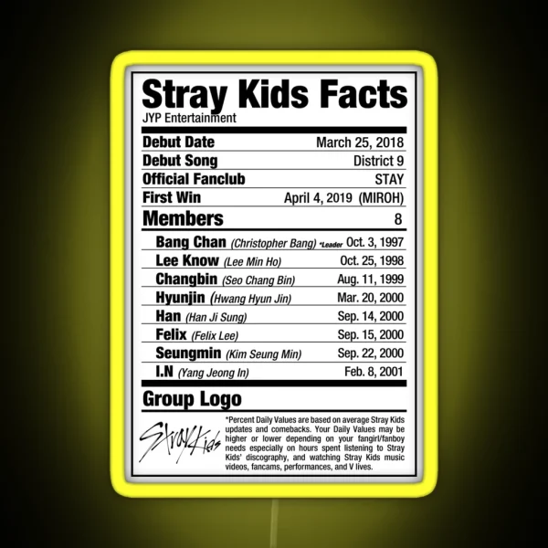 Stray Kids Kpop Nutritional Facts RGB Neon Sign