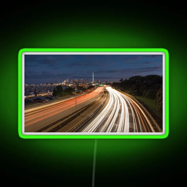 Street Light Trails Leading Towards Auckland City Sky Tower RGB Neon Sign