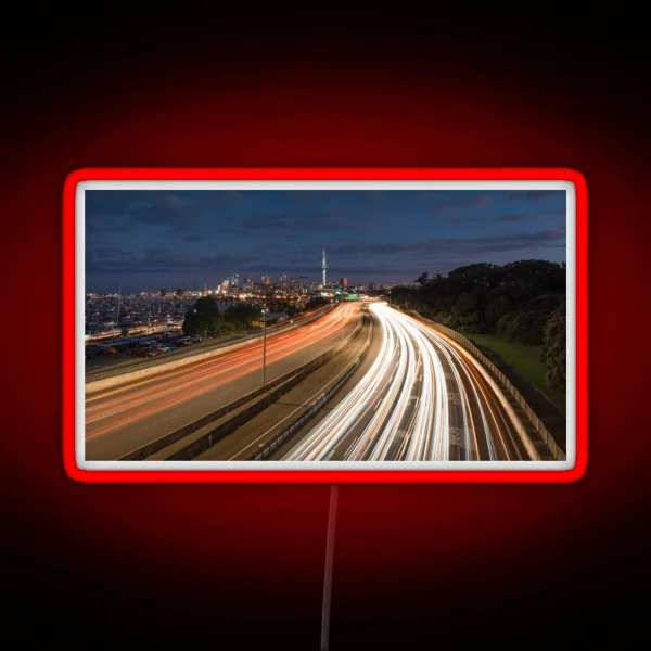 Street Light Trails Leading Towards Auckland City Sky Tower RGB Neon Sign