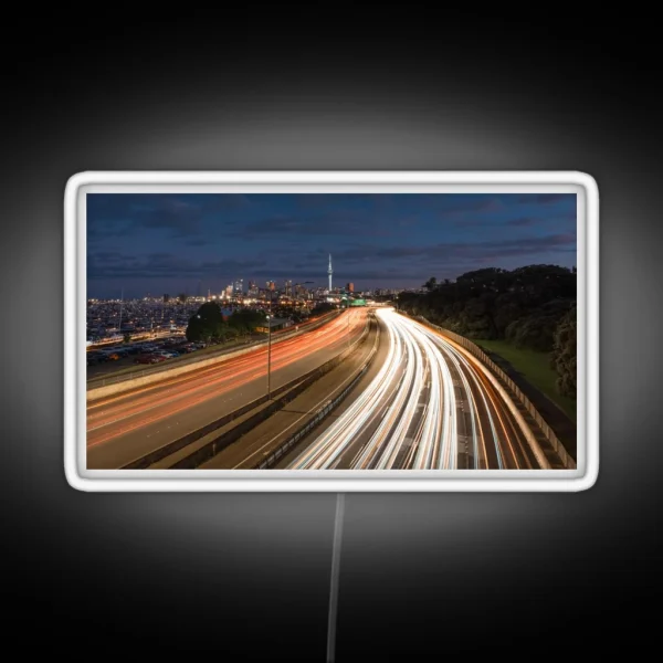 Street Light Trails Leading Towards Auckland City Sky Tower RGB Neon Sign