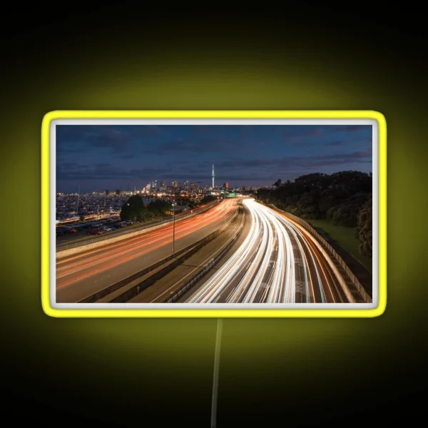 Street Light Trails Leading Towards Auckland City Sky Tower RGB Neon Sign