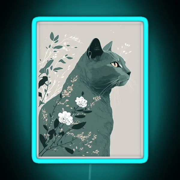 Stylish Gray Cat Teal Floral RGB Neon Sign