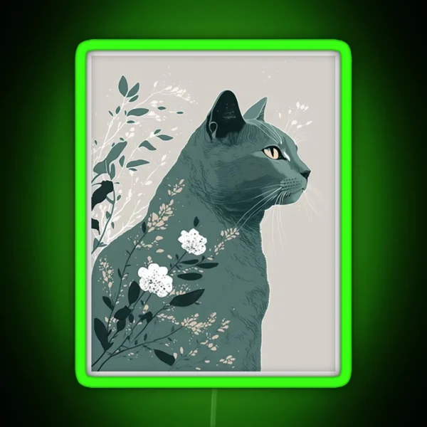 Stylish Gray Cat Teal Floral RGB Neon Sign