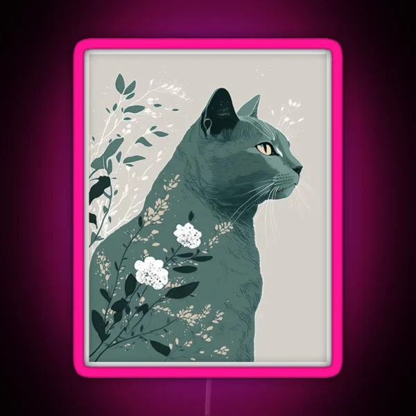 Stylish Gray Cat Teal Floral RGB Neon Sign