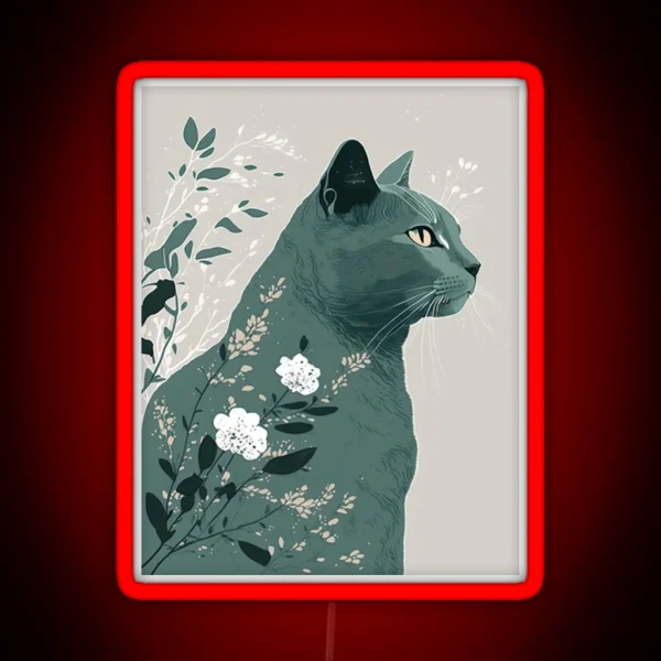 Stylish Gray Cat Teal Floral RGB Neon Sign