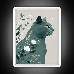 Stylish Gray Cat Teal Floral RGB Neon Sign