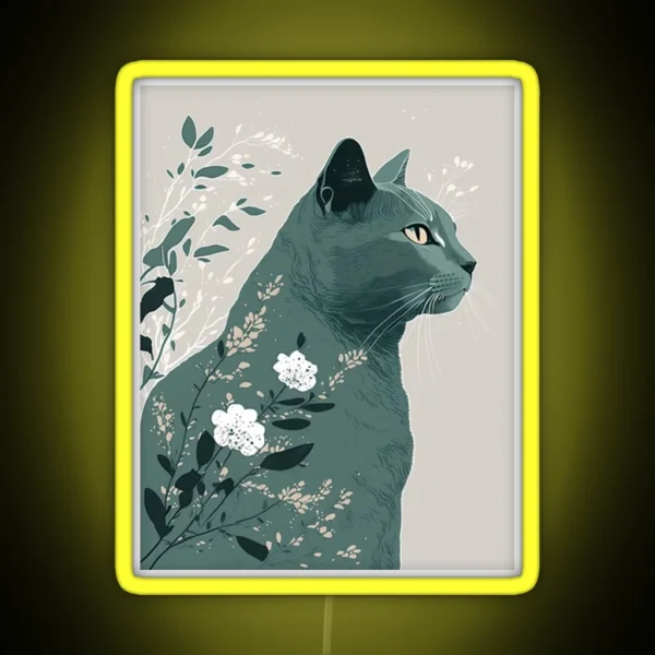 Stylish Gray Cat Teal Floral RGB Neon Sign