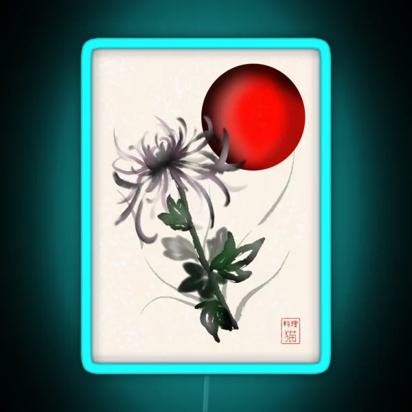 Sumi E Watercolor Chrysanthemum With A Red Rising Sun RGB Neon Sign