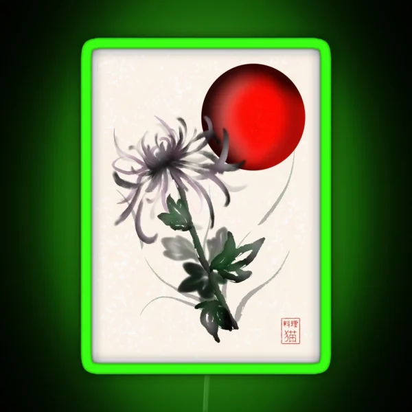 Sumi E Watercolor Chrysanthemum With A Red Rising Sun RGB Neon Sign