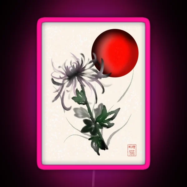 Sumi E Watercolor Chrysanthemum With A Red Rising Sun RGB Neon Sign