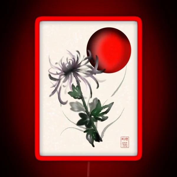 Sumi E Watercolor Chrysanthemum With A Red Rising Sun RGB Neon Sign