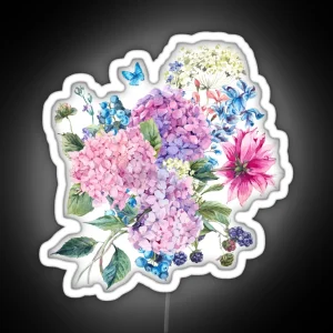 Summer Watercolor Vintage Blooming Hydrangea And Garden Flowers RGB Neon Sign
