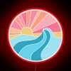 Vibrant coastal theme illuminated with colorful wave and sun design.