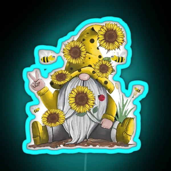 Sunflower Gnome With Bee Funny Hippie Gnome RGB Neon Sign