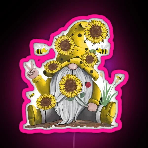 Sunflower Gnome With Bee Funny Hippie Gnome RGB Neon Sign