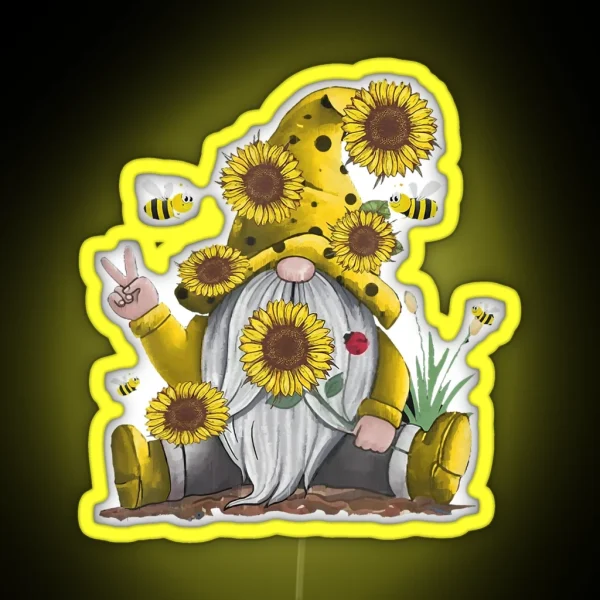 Sunflower Gnome With Bee Funny Hippie Gnome RGB Neon Sign