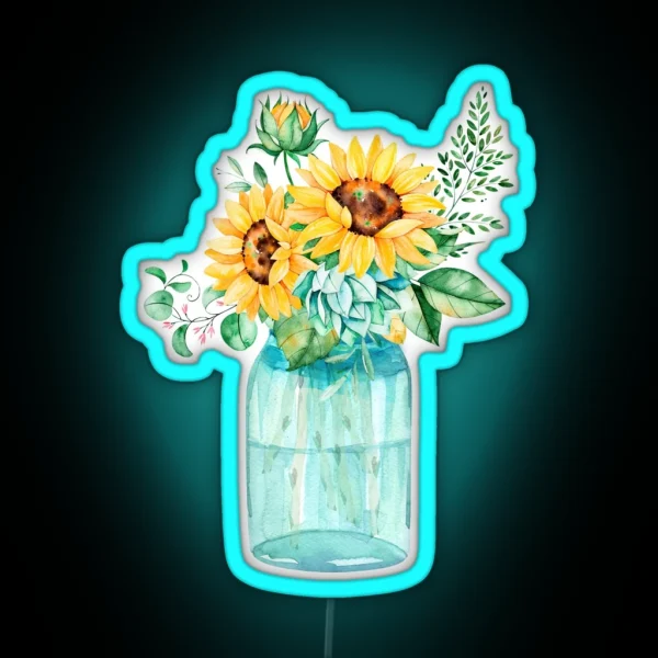 Sunflowers Mason Jar Sunflower Bouquet Watercolor RGB Neon Sign