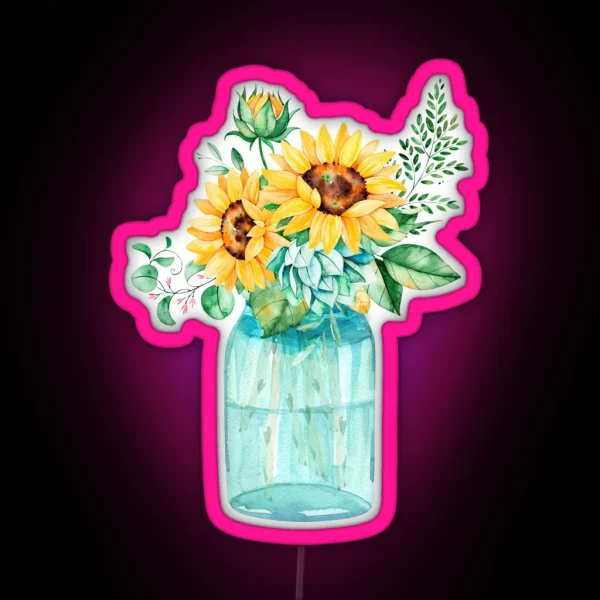 Sunflowers Mason Jar Sunflower Bouquet Watercolor RGB Neon Sign