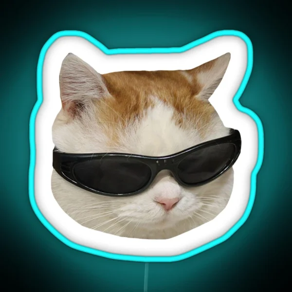 Sunglasses Cat Meme 4 White Outline RGB Neon Sign