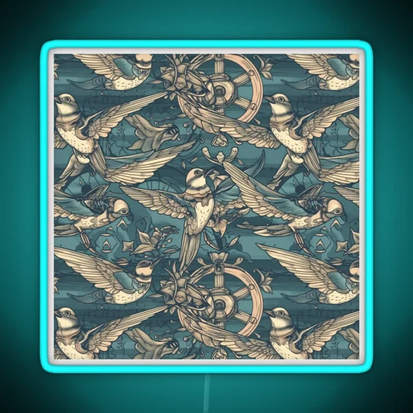 Swallows And Nautical Pattern Classic Tattoo Design RGB Neon Sign