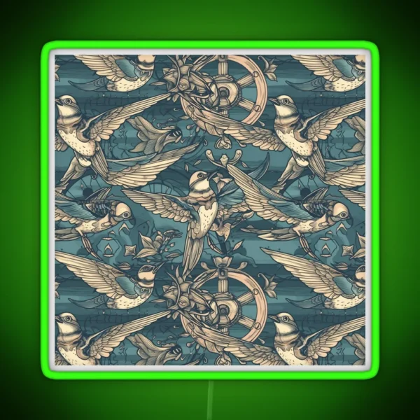 Swallows And Nautical Pattern Classic Tattoo Design RGB Neon Sign