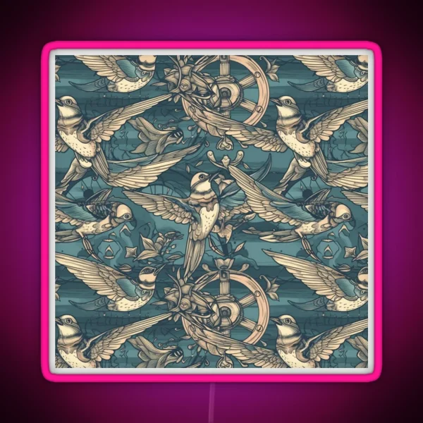 Swallows And Nautical Pattern Classic Tattoo Design RGB Neon Sign