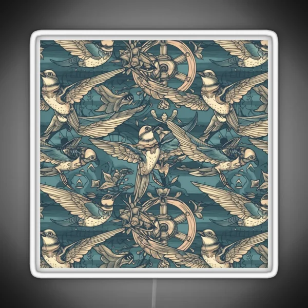 Swallows And Nautical Pattern Classic Tattoo Design RGB Neon Sign