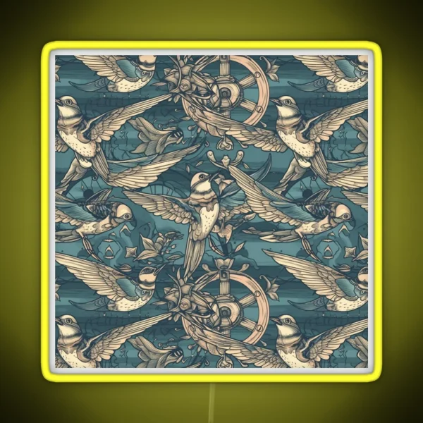 Swallows And Nautical Pattern Classic Tattoo Design RGB Neon Sign