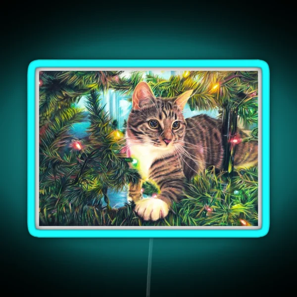 Tabby Cat Sitting In A Christmas Tree With Colourful Lights Fine Art Drawing RGB Neon Sign