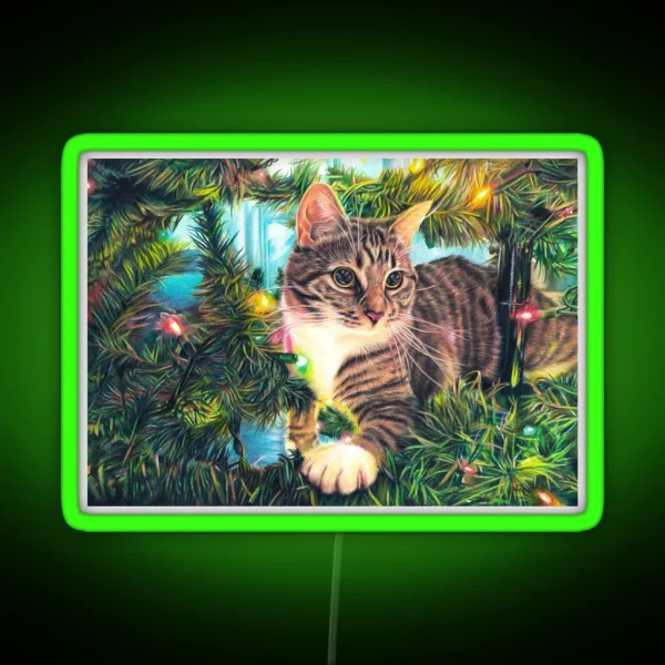 Tabby Cat Sitting In A Christmas Tree With Colourful Lights Fine Art Drawing RGB Neon Sign