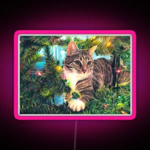 Tabby Cat Sitting In A Christmas Tree With Colourful Lights Fine Art Drawing RGB Neon Sign