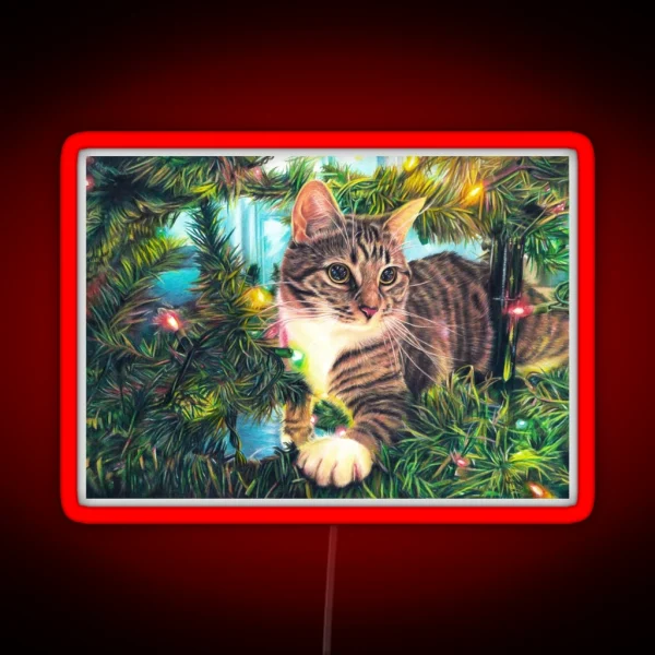 Tabby Cat Sitting In A Christmas Tree With Colourful Lights Fine Art Drawing RGB Neon Sign