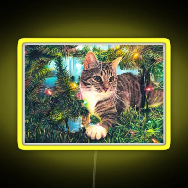 Tabby Cat Sitting In A Christmas Tree With Colourful Lights Fine Art Drawing RGB Neon Sign