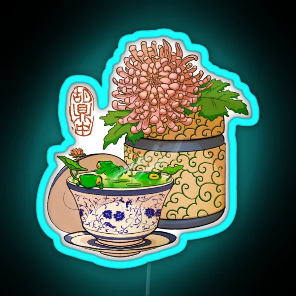 Tea Cup Chrysanthemum Flower Frog No Bg RGB Neon Sign