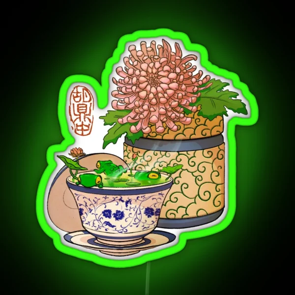 Tea Cup Chrysanthemum Flower Frog No Bg RGB Neon Sign