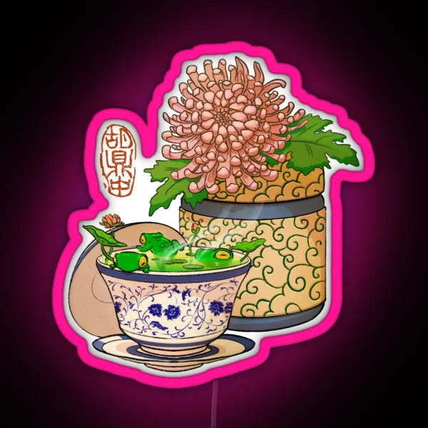 Tea Cup Chrysanthemum Flower Frog No Bg RGB Neon Sign