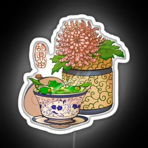 Tea Cup Chrysanthemum Flower Frog No Bg RGB Neon Sign