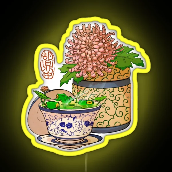 Tea Cup Chrysanthemum Flower Frog No Bg RGB Neon Sign