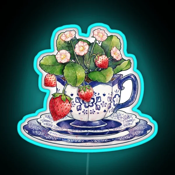 Teacup With Strawberry Plant RGB Neon Sign