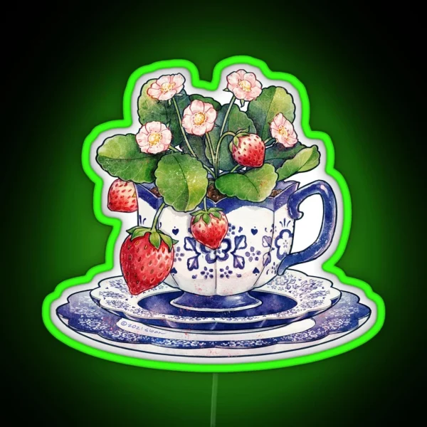 Teacup With Strawberry Plant RGB Neon Sign