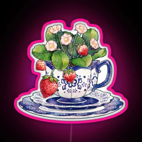 Teacup With Strawberry Plant RGB Neon Sign