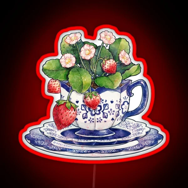 Teacup With Strawberry Plant RGB Neon Sign